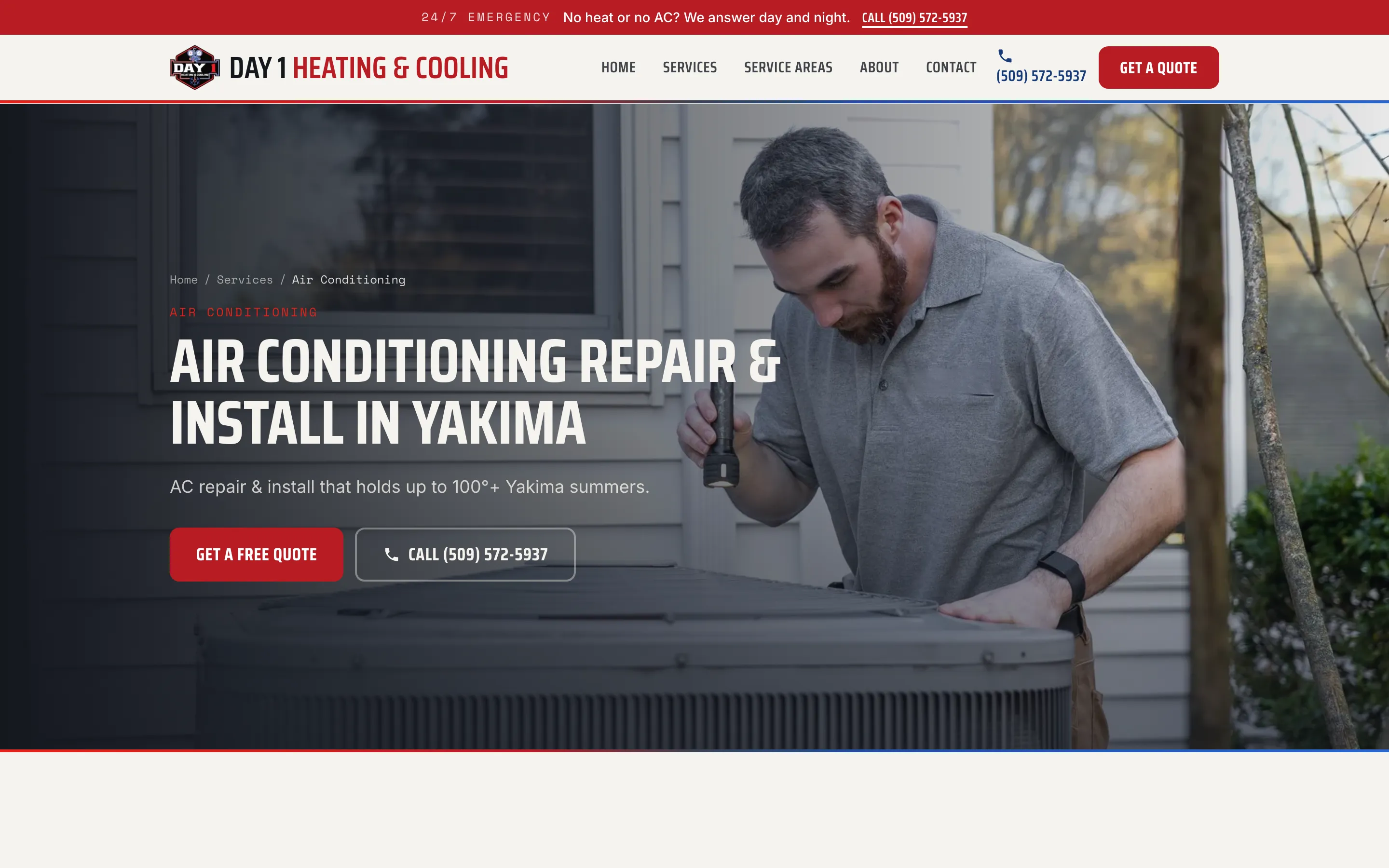 The air-conditioning service page from the Day 1 Heating & Cooling build: symptom-led copy with call and quote actions in reach.