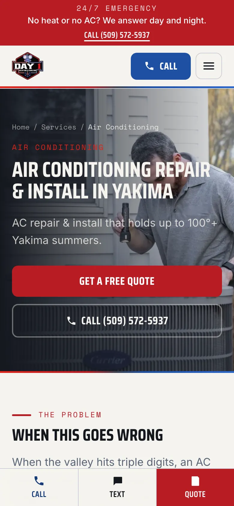 Day 1 AC service page on a phone: the call action stays reachable while reading.